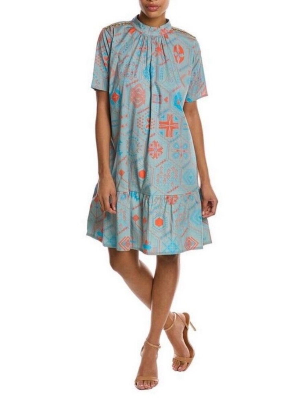 Sheridan French Lillian Shift Dress Teal Blue Orange Patterned Ruffle Size XS